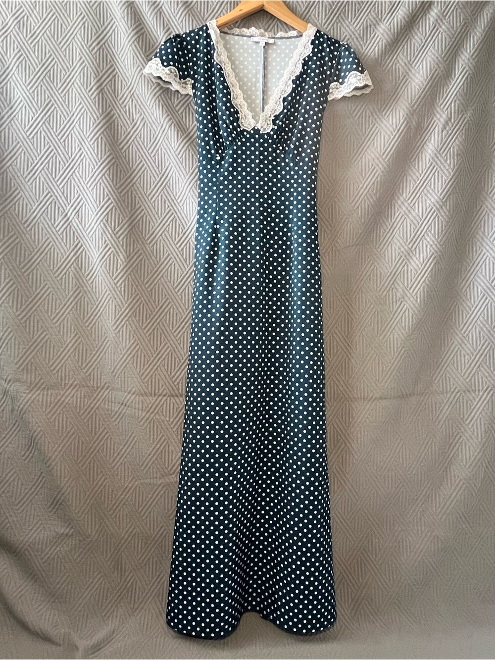 RIHOAS Navy Polka Dot Maxi Dress with White Lace Trim